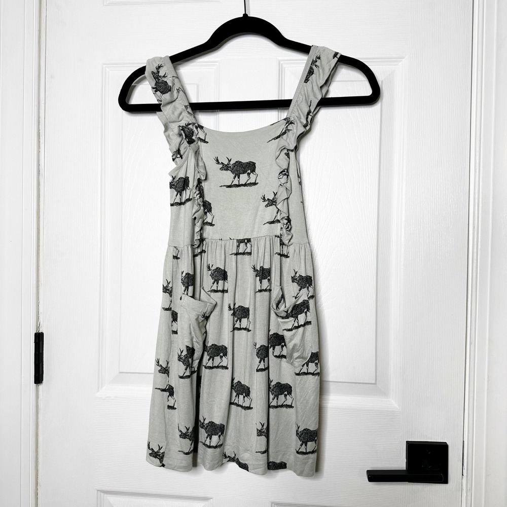 Kate Quinn Kids Girls‎ Bamboo Dress Moose Print Ruffle Straps Pockets 6Y